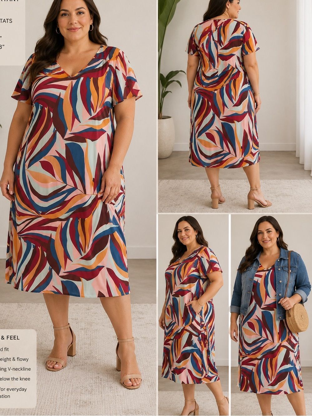 Lane Bryant Multicolor Leaf-Print Midi Dress - Pink, Burgundy, Blue, Tan
